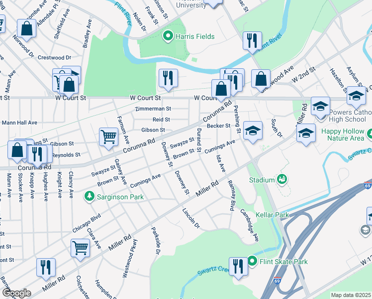 map of restaurants, bars, coffee shops, grocery stores, and more near 2206 Brown Street in Flint