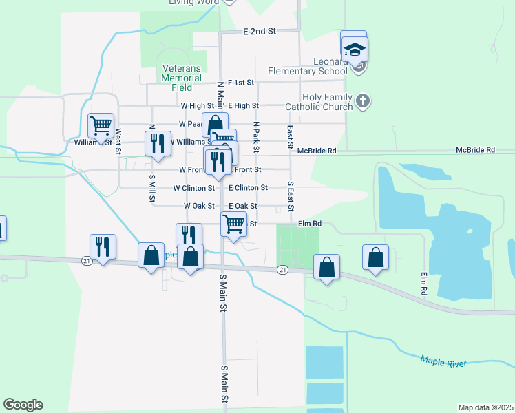 map of restaurants, bars, coffee shops, grocery stores, and more near 212 East Oak Street in Ovid