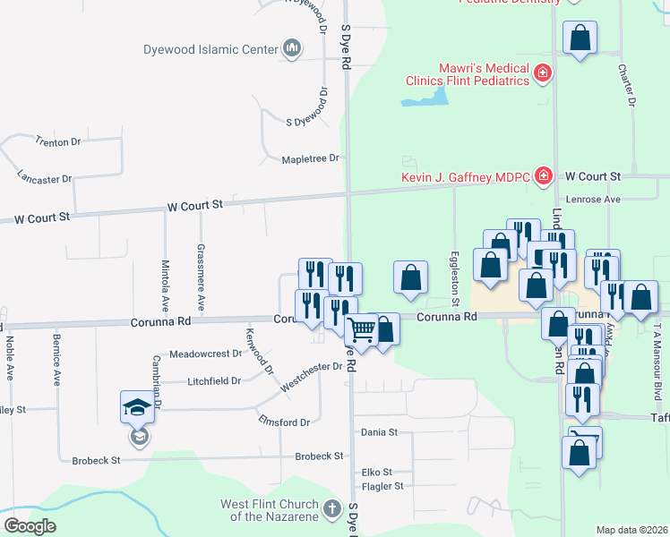 map of restaurants, bars, coffee shops, grocery stores, and more near 5296 Reuben Street in Flint
