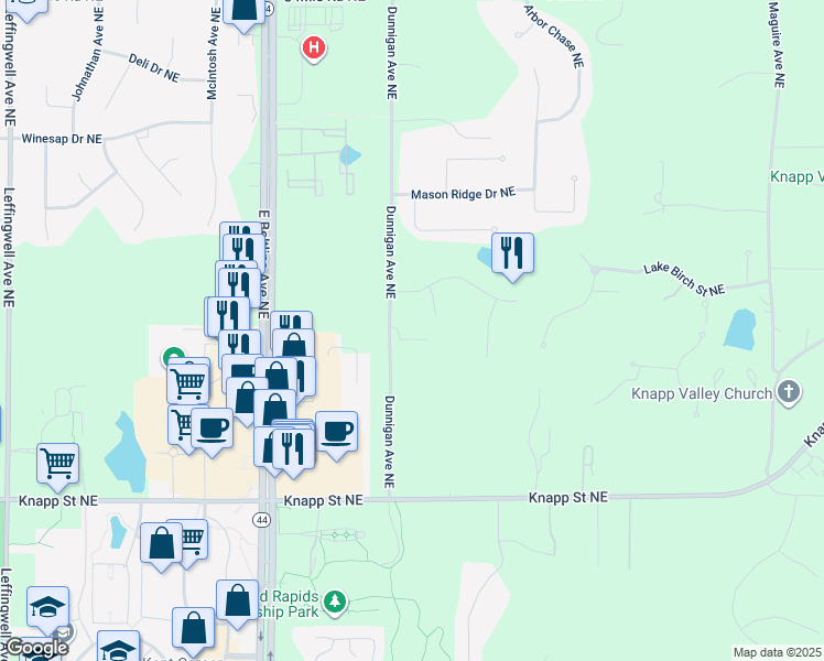 map of restaurants, bars, coffee shops, grocery stores, and more near 2291 Mason Lake Court Northeast in Grand Rapids