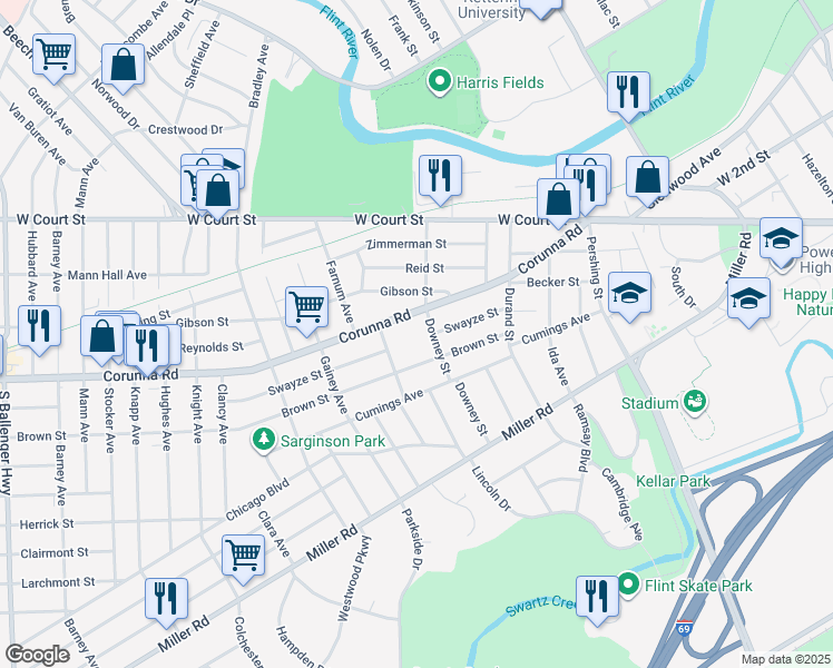 map of restaurants, bars, coffee shops, grocery stores, and more near 2421 Corunna Road in Flint