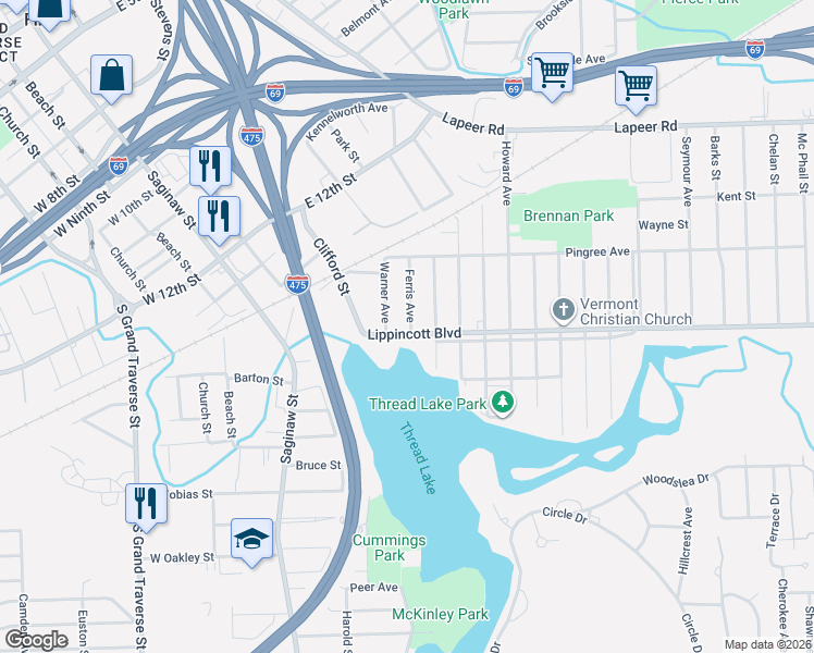 map of restaurants, bars, coffee shops, grocery stores, and more near 2058 Ferris Avenue in Flint