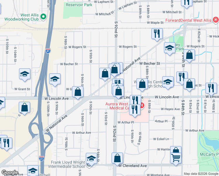 map of restaurants, bars, coffee shops, grocery stores, and more near 2190 South 93rd Street in West Allis