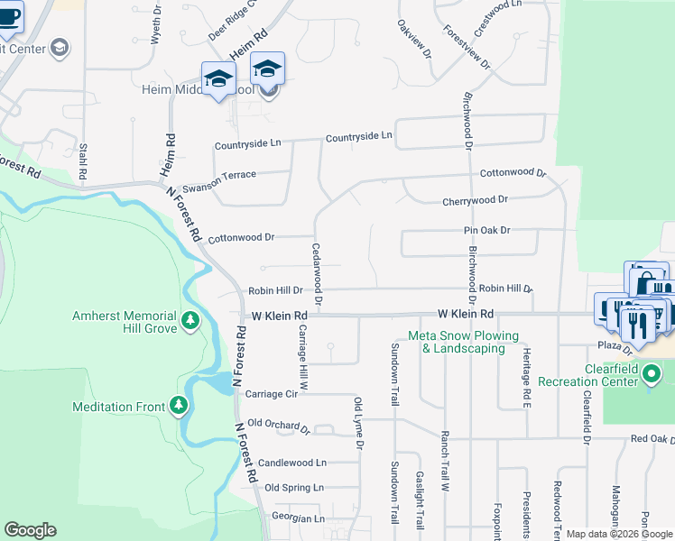 map of restaurants, bars, coffee shops, grocery stores, and more near 27 Bridgehampton Circle in Buffalo