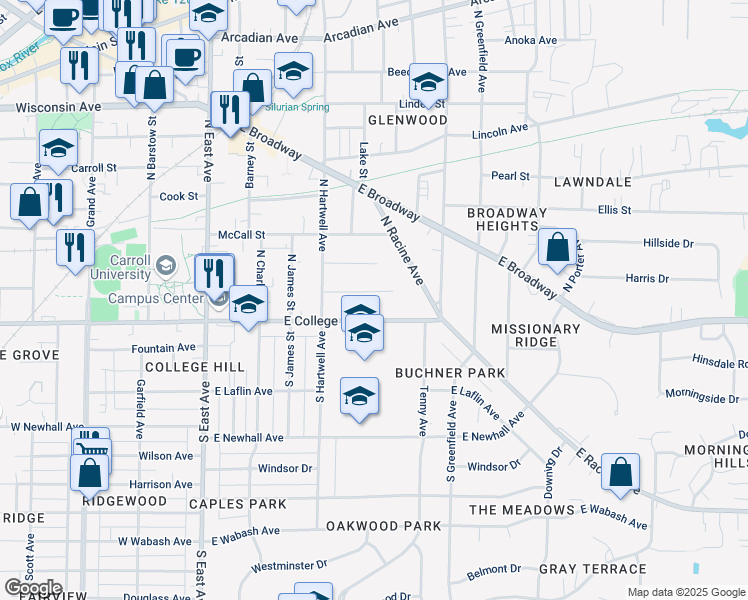 map of restaurants, bars, coffee shops, grocery stores, and more near 601 Brasted Place in Waukesha
