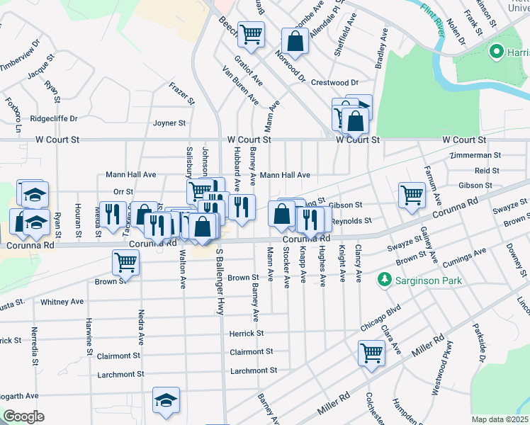 map of restaurants, bars, coffee shops, grocery stores, and more near 3218 Fielding Street in Flint