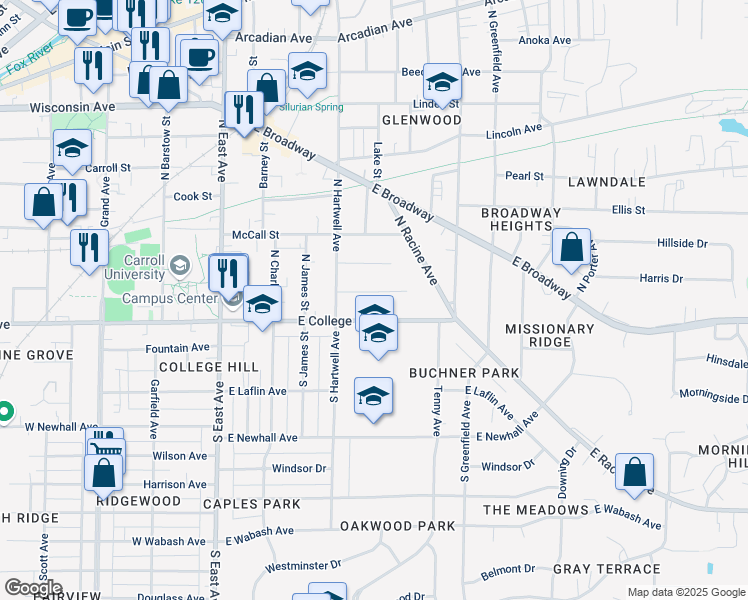 map of restaurants, bars, coffee shops, grocery stores, and more near 601 Brasted Place in Waukesha