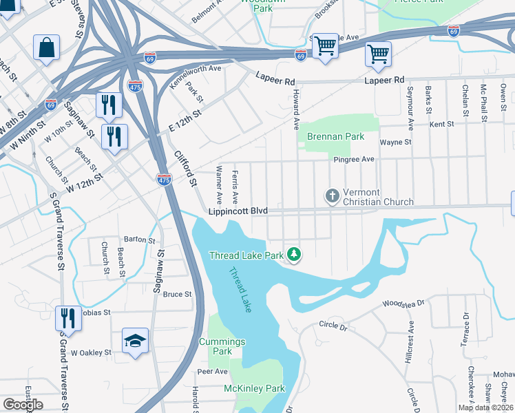 map of restaurants, bars, coffee shops, grocery stores, and more near 705 Lippincott Boulevard in Flint