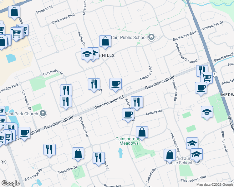 map of restaurants, bars, coffee shops, grocery stores, and more near 1511 Aldersbrook Road in London