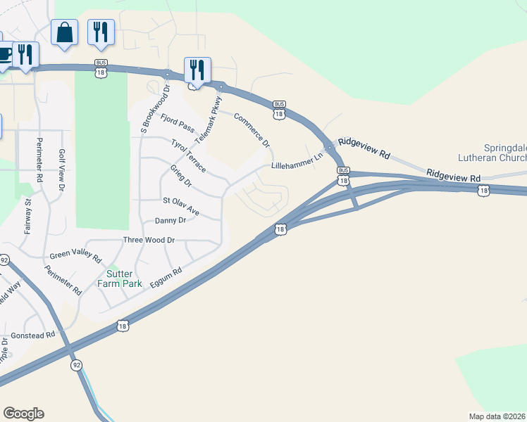 map of restaurants, bars, coffee shops, grocery stores, and more near 27 Windflower Way in Mount Horeb