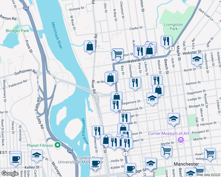 map of restaurants, bars, coffee shops, grocery stores, and more near 1750 Elm Street in Manchester