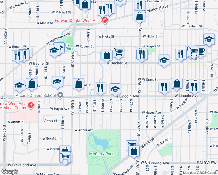 map of restaurants, bars, coffee shops, grocery stores, and more near 2220 South 80th Street in West Allis