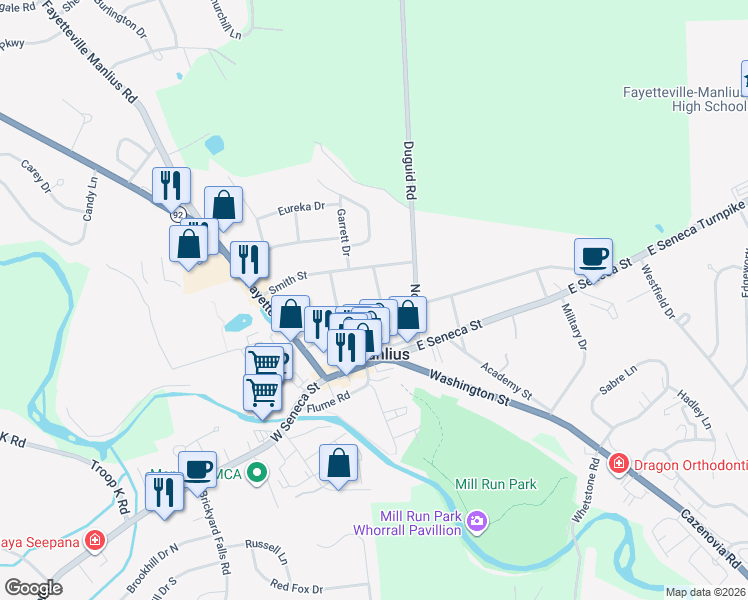 map of restaurants, bars, coffee shops, grocery stores, and more near 301 Pleasant Street in Manlius