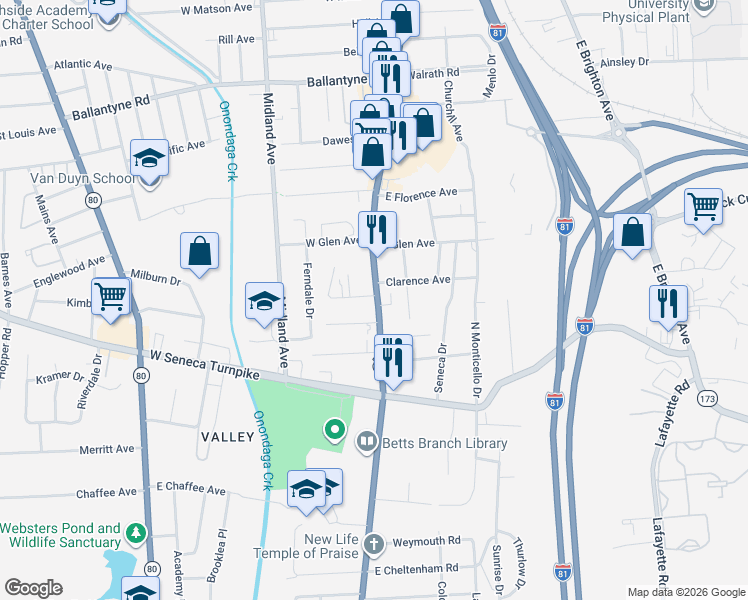 map of restaurants, bars, coffee shops, grocery stores, and more near 4510 South Salina Street in Syracuse
