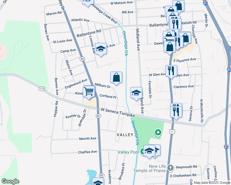 map of restaurants, bars, coffee shops, grocery stores, and more near 227 Milburn Drive in Syracuse