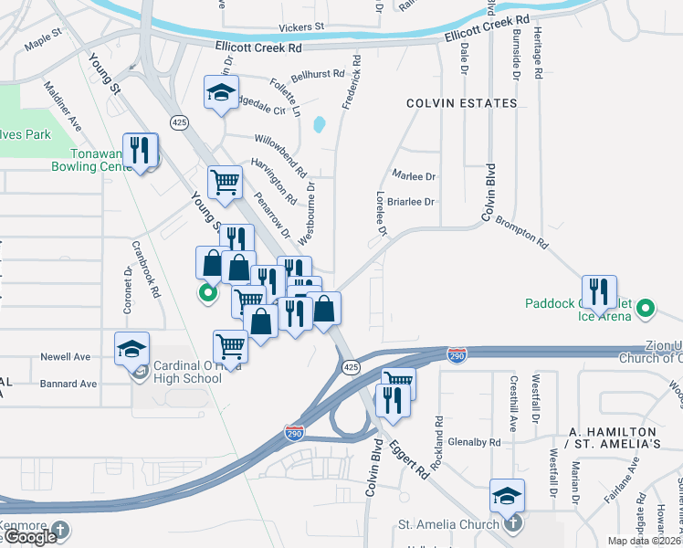 map of restaurants, bars, coffee shops, grocery stores, and more near 201 Frederick Road in Tonawanda