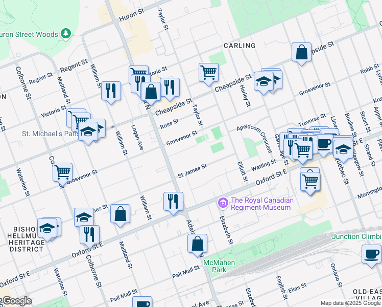 map of restaurants, bars, coffee shops, grocery stores, and more near 625 Wallace Street in London