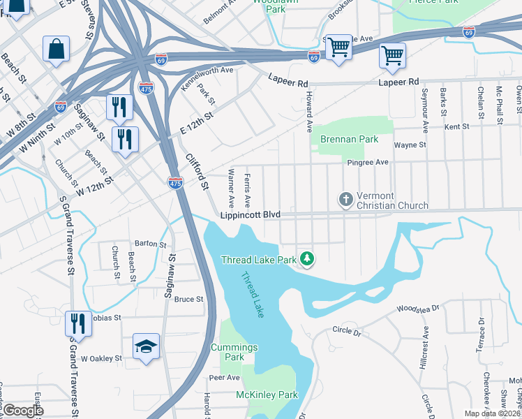map of restaurants, bars, coffee shops, grocery stores, and more near 705 Lippincott Boulevard in Flint