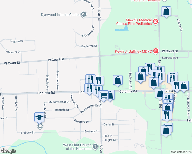map of restaurants, bars, coffee shops, grocery stores, and more near 5296 Reuben Street in Flint