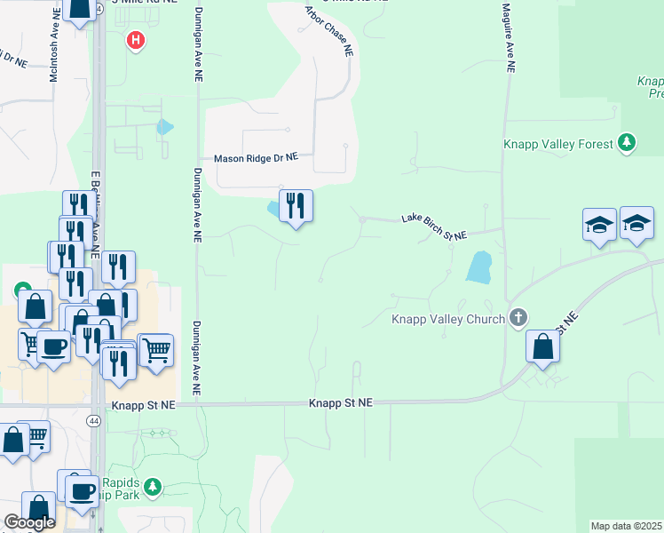 map of restaurants, bars, coffee shops, grocery stores, and more near 3687 Lake Birch Street Northeast in Grand Rapids