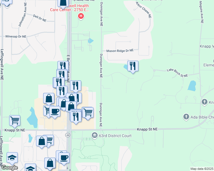 map of restaurants, bars, coffee shops, grocery stores, and more near 2291 Mason Lake Court Northeast in Grand Rapids