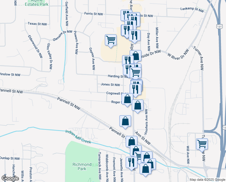 map of restaurants, bars, coffee shops, grocery stores, and more near 924 Cogswell Street Northwest in Walker