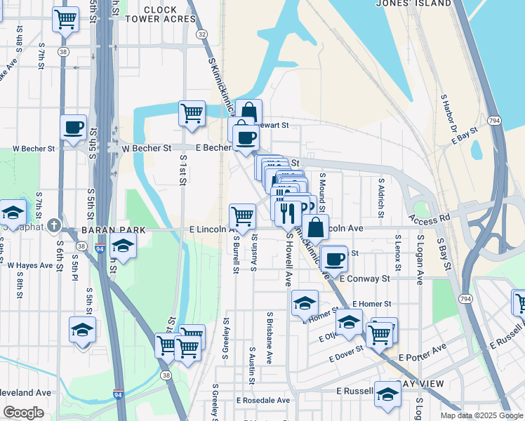 map of restaurants, bars, coffee shops, grocery stores, and more near 2231 South Robinson Avenue in Milwaukee