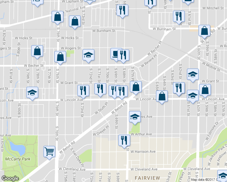map of restaurants, bars, coffee shops, grocery stores, and more near 2246 South 69th Street in West Allis
