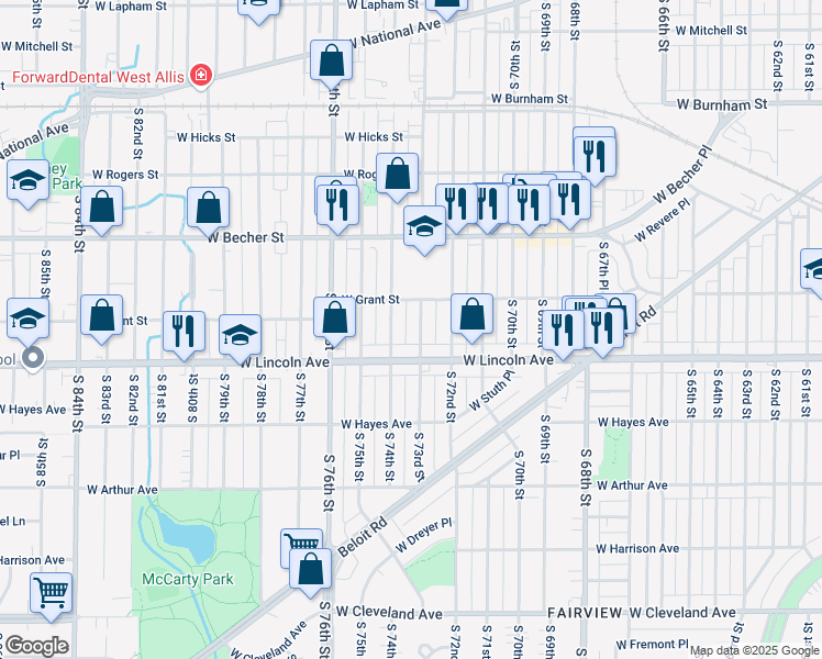 map of restaurants, bars, coffee shops, grocery stores, and more near 2244 South 74th Street in West Allis