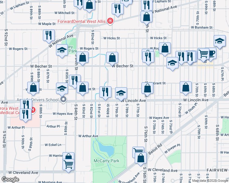 map of restaurants, bars, coffee shops, grocery stores, and more near 2220 South 80th Street in West Allis