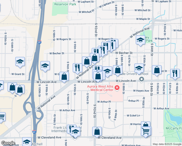 map of restaurants, bars, coffee shops, grocery stores, and more near 2203 South 92nd Street in West Allis