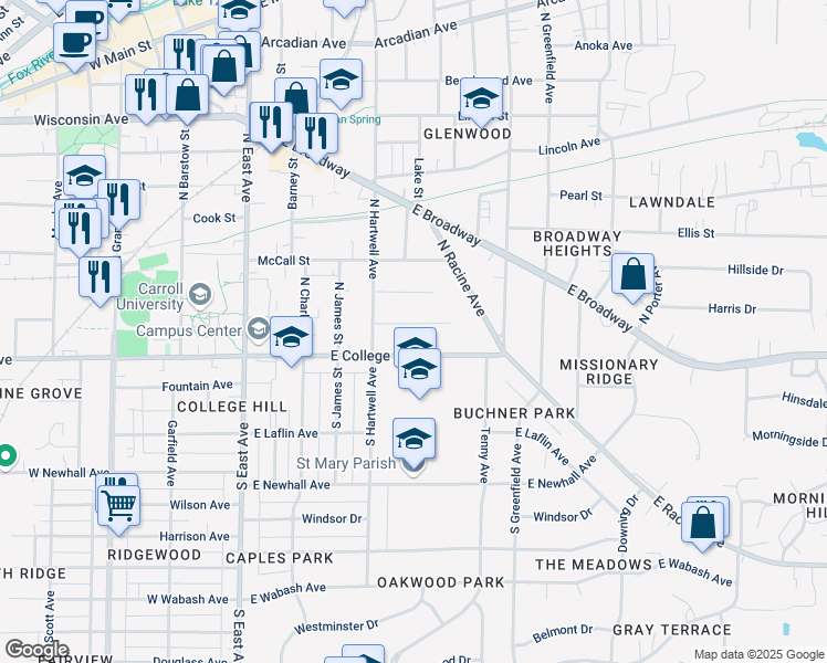 map of restaurants, bars, coffee shops, grocery stores, and more near 601 Brasted Place in Waukesha
