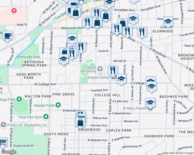 map of restaurants, bars, coffee shops, grocery stores, and more near in Waukesha