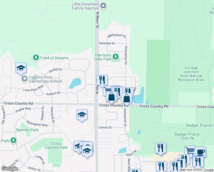 map of restaurants, bars, coffee shops, grocery stores, and more near 143 Prairie Oaks Drive in Verona