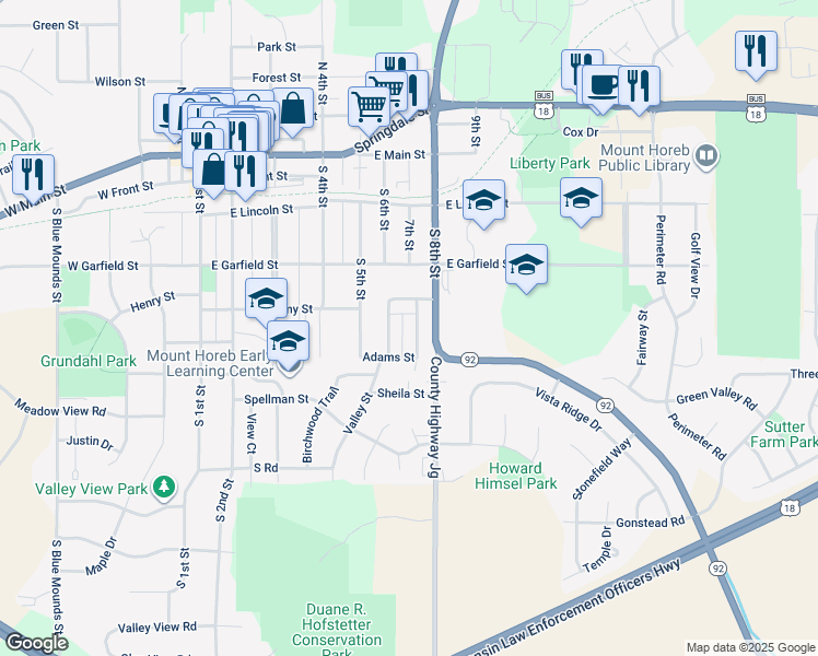 map of restaurants, bars, coffee shops, grocery stores, and more near 113 Ridge Drive in Mount Horeb