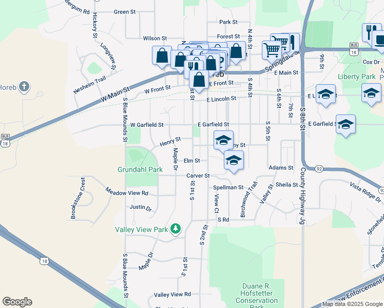 map of restaurants, bars, coffee shops, grocery stores, and more near 102 Elm Street in Mount Horeb