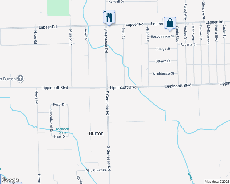 map of restaurants, bars, coffee shops, grocery stores, and more near 5056 Lippincott Boulevard in Burton
