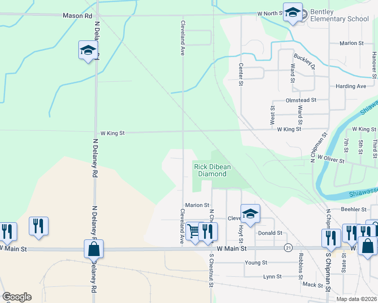 map of restaurants, bars, coffee shops, grocery stores, and more near 504 Cleveland Avenue in Owosso