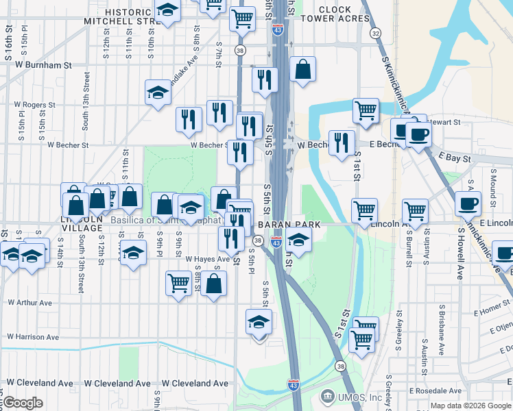 map of restaurants, bars, coffee shops, grocery stores, and more near 2249 South 5th Place in Milwaukee