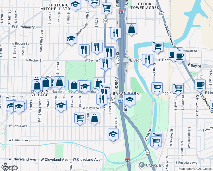 map of restaurants, bars, coffee shops, grocery stores, and more near 2249 South 5th Place in Milwaukee
