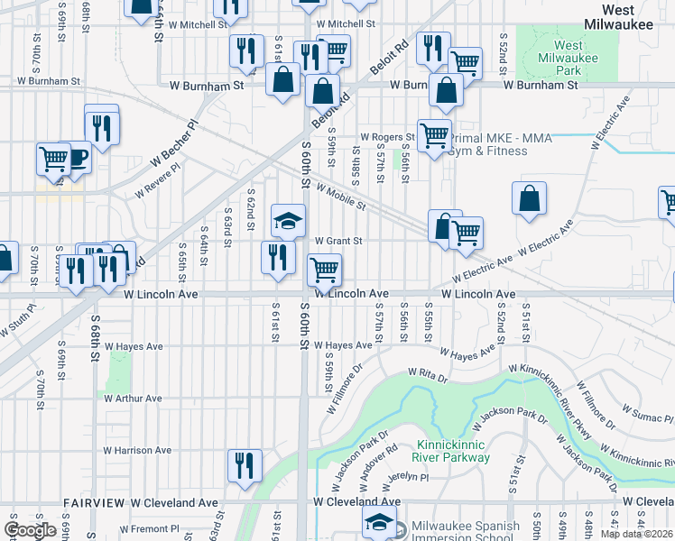 map of restaurants, bars, coffee shops, grocery stores, and more near 2259 South 58th Street in West Allis