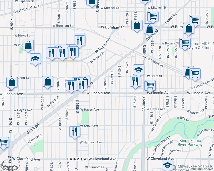 map of restaurants, bars, coffee shops, grocery stores, and more near 2252 South 65th Street in West Allis