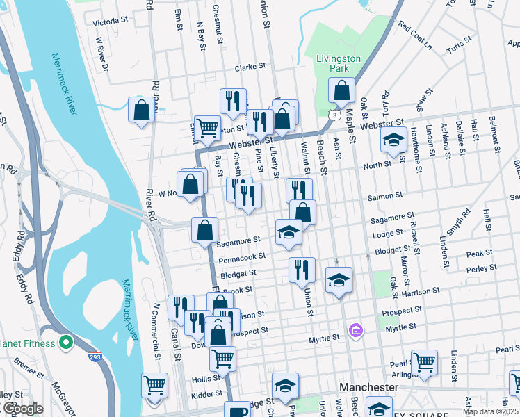 map of restaurants, bars, coffee shops, grocery stores, and more near 66 Salmon Street in Manchester