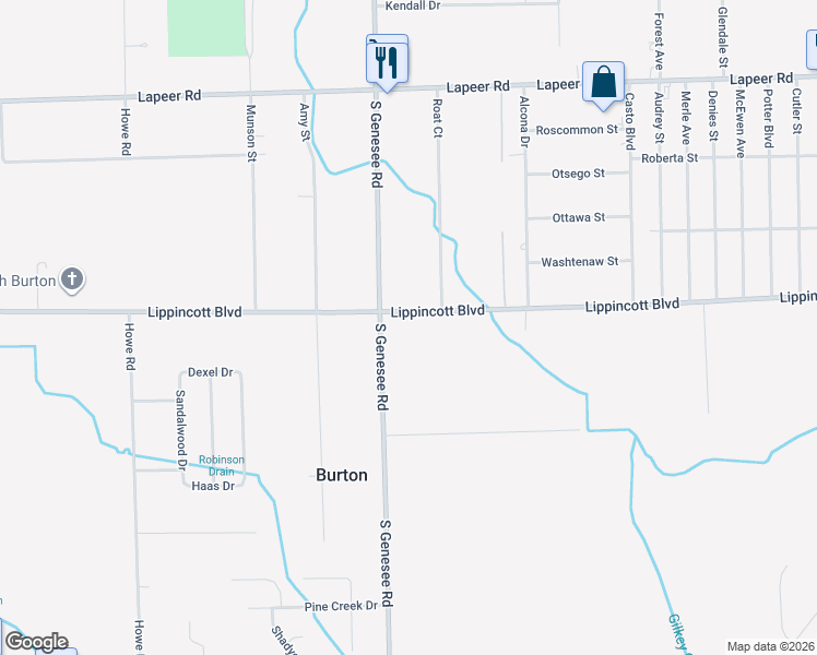 map of restaurants, bars, coffee shops, grocery stores, and more near 5028 Lippincott Boulevard in Burton
