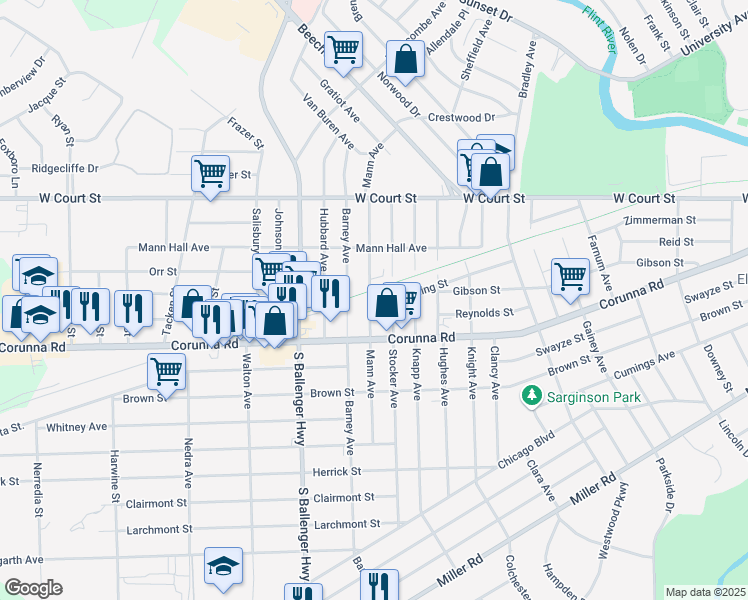 map of restaurants, bars, coffee shops, grocery stores, and more near 3218 Fielding Street in Flint