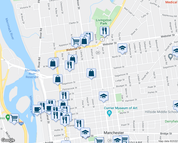 map of restaurants, bars, coffee shops, grocery stores, and more near 825 Union Street in Manchester