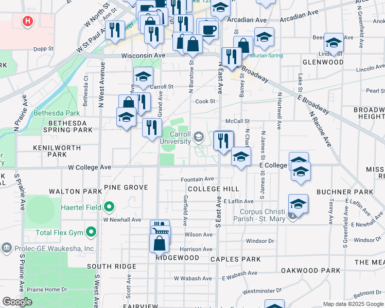 map of restaurants, bars, coffee shops, grocery stores, and more near 107 North Barstow Street in Waukesha