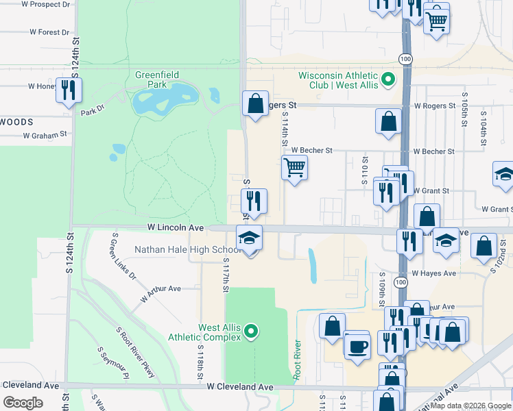 map of restaurants, bars, coffee shops, grocery stores, and more near 2242 South 116th Street in Milwaukee