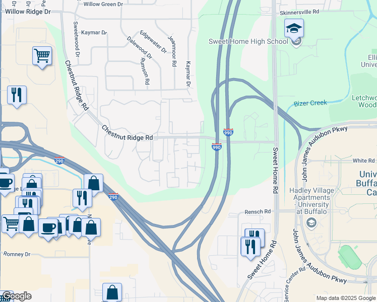 map of restaurants, bars, coffee shops, grocery stores, and more near 4755 Chestnut Ridge Road in Buffalo