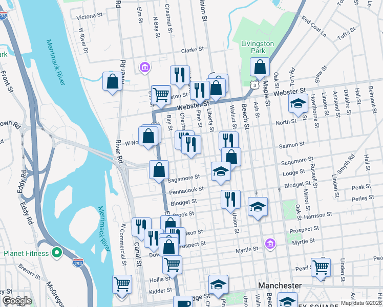 map of restaurants, bars, coffee shops, grocery stores, and more near 66 Salmon Street in Manchester